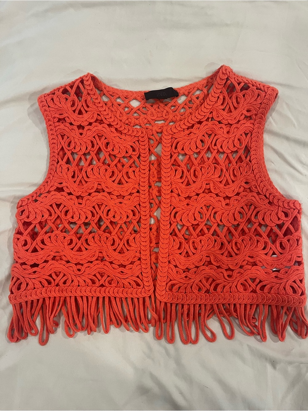 Zara Coral/Coral Orange Crochet Fringe Sleeveless Vest